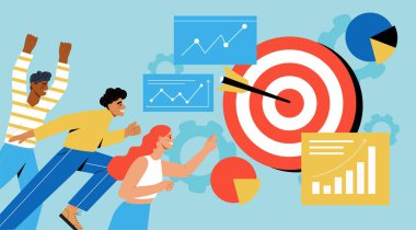 Çeşitli insanlar açık mavi arkaplanda grafikler ve turta grafikleriyle çevrili kırmızı bir dart tahtasına doğru koşuyorlar. Hedefe ulaşma kavramı. Vektör illüstrasyonu