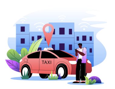Şehir merkezinde kırmızı arabalı bir taksi tutmak için akıllı telefon kullanan bir adam. Modern düz grafik tarzı, şehir arka planı, sürüş uygulaması konsepti. Vektör illüstrasyonu