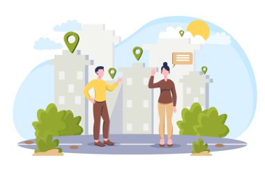 İki kişi şehir caddesinde, binaların üstünde, düz tarzda, parlak kentsel bir arka planda konum belirteçleriyle sohbet ediyorlar. İletişim kavramı. Vektör illüstrasyonu