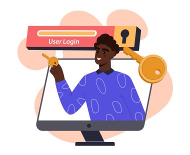 Elinde anahtar tutan gülümseyen bir adam ekranda görünür, beyaz bir arkaplanda bir kullanıcı giriş çubuğu ve kilit simgesi ile. Güvenli giriş kavramı. Vektör illüstrasyonu