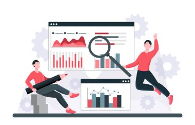 İki kişi, büyüteç ve kalemle, düz grafik tarzıyla, beyaz arka planda, veri analizi kavramında iş haritalarını ve grafiklerini analiz ediyor. Vektör illüstrasyonu