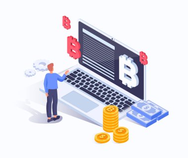 Üzerinde Bitcoin sembolleri, bozuk paralar ve dolar banknotları olan bir dizüstü bilgisayarın yanında duran kişi, açık arkaplanda izometrik grafik şeklinde. Kripto para birimi konsepti. Vektör illüstrasyonu