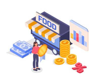 Kadın yemek kamyonunun yanında madalyon, bozuk para, çizelge ve yüzde yüz sembolle beyaz arka planda duruyor. Gıda sektörü yatırımı kavramı. Vektör illüstrasyonu