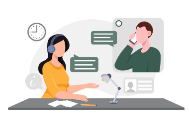 Masasında kulaklığı olan bir kadın müşteri ile telefonda konuşuyor, düz grafik tarzı, minimal beyaz arkaplan, iletişim ve destek kavramı. Vektör illüstrasyonu