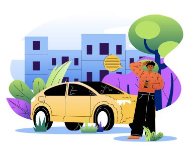 Şaşkın bir adam telefon tutan hasarlı sarı bir arabanın yanında duruyor, soyut ağaçlar ve bitkilerle dolu bir şehir manzarasına karşı kurulmuş. Vektör illüstrasyonu