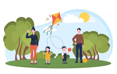 Parkta uçurtma ve topla oynayan iki çocuklu bir aile, düz grafik tarzı, ağaçlar ve güneşli arka plan, mutlu aile zamanı kavramı. Vektör illüstrasyonu