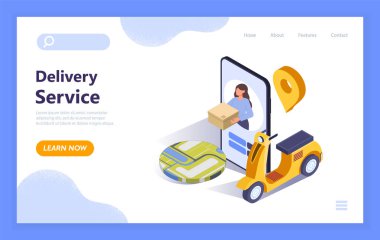 Parseli ekranda tutan kadın, sarı scooter, harita ve pin ikonu, beyaz ve mavi arka planda düz stil. Hızlı teslimat hizmeti kavramı. Vektör illüstrasyonu