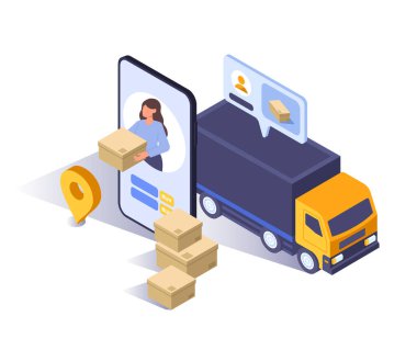 Akıllı telefon ekranından kutuları taşıyan bir kadın yanında harita iğnesi ve beyaz arka planda sohbet baloncuğu taşıyan bir teslimat kamyonu. E-ticaret lojistiği kavramı. Vektör illüstrasyonu