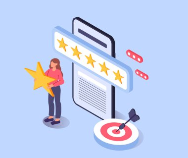 Akıllı telefon ekranının yanında beş yıldızlı bir yıldız tutan bir kadın, mavi arkaplanda izometrik grafik tarzı olan oklu bir dart tahtası. Geri bildirim ve tatmin kavramı. Vektör illüstrasyonu