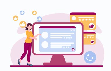 Bir bilgisayar ekranı ile etkileşime giren kadın, kullanıcı değerlendirmelerini, derecelendirme yıldızlarını ve ışık arka planında düz bir şekilde başparmak kaldırma simgelerini gösteriyor. Geri bildirim kavramı. Vektör illüstrasyonu