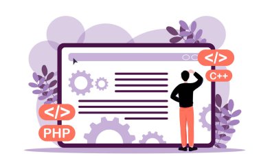 Kişi, beyaz arkaplandaki PHP ve C artı etiketlerle çevrili büyük ekranlara, vites simgelerine bakar. Programlama, yazılım geliştirme kavramı. Vektör illüstrasyonu