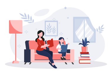 Kanepede oturan kadın ve genç kız rahat oturma odasında iç dekorasyon, kitap ve bitki içeren kitaplar okuyor, düz grafik tarzı, evde eğitim kavramı. Vektör illüstrasyonu