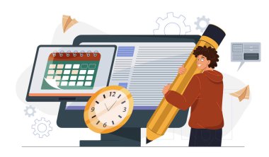 Bir kişi, takvim ve saati gösteren dev bir kalemi elinde tutuyor. Planlamayı, zaman yönetimini ve verimliliği simgeliyor. Vektör illüstrasyonu