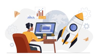 Masadaki bilgisayarda çalışan kulaklık takan bir kadın yanında kahve, yanında roket fırlatma, arka planda dişli simgeleri ve çizelgeleri olan. Başlangıç başarısı kavramı. Vektör illüstrasyonu