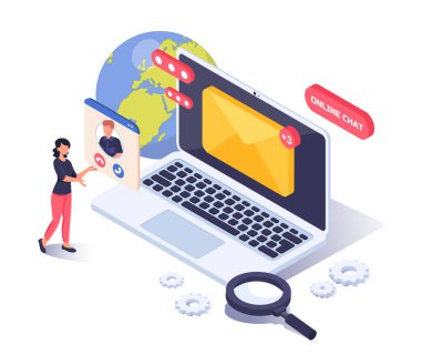 Kadın, beyaz arkaplanda e-posta ve video arayüzü, küresel iletişim sembolleri ve sohbet unsurları gösteren bir dizüstü bilgisayarla etkileşimde. Online mesajlaşma kavramı. Vektör illüstrasyonu