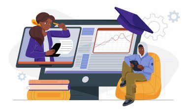 Bir öğrenci, beyaz bir arkaplanda öğretmenini, eğitici grafikleri ve kitapları gösteren büyük bir ekranın önünde tablet kullanmayı uzaktan öğrenir. Dijital öğrenme kavramı. Vektör illüstrasyonu