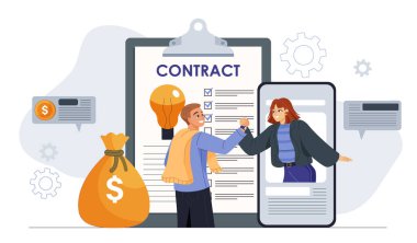 İş adamı ve kadın arkalarında büyük bir kontrat panosu, para çantası ve dolar ikonları olan akıllı telefondan el sıkışıyorlar. Vektör illüstrasyonu