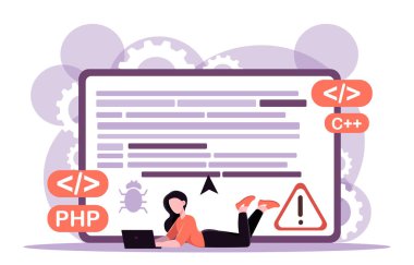 Beyaz arkaplanda PHP, C, hatalar ve uyarı simgeleri gibi kodlama elemanlarıyla çevrili, büyük ekranda dizüstü bilgisayar hata ayıklama koduyla yatan bir kadın. Vektör illüstrasyonu