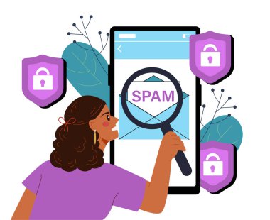 Elinde büyüteç tutan kadın, beyaz arka planda kilit sembollü güvenlik simgeleriyle çevrili akıllı telefon ekranında spam e-postalarını kontrol ediyor. Siber güvenlik kavramı. Vektör illüstrasyonu