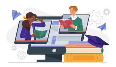 Etrafı kitaplarla, mezuniyet şapkasıyla ve beyaz arka planda viteslerle çevrili bilgisayar ekranlarıyla çalışan iki öğrenci. Modern online eğitim kavramı. Vektör illüstrasyonu
