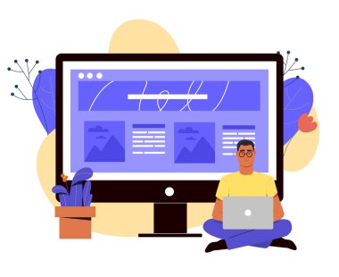Geniş ekranın önünde dizüstü bilgisayarla yan yana oturan bir adam düz grafik tarzı, soyut bir arkaplan sergiliyor. Web geliştirme kavramı. Vektör illüstrasyonu
