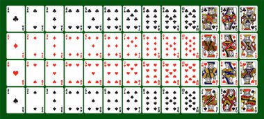 Poker oyunu. Solitaire ve dijital bilgisayar oyunları için tam deste iskambil kağıdı. Kumarhane ve kumar için tasarım elemanları. Vektör illüstrasyon koleksiyonu arkaplanda izole edildi