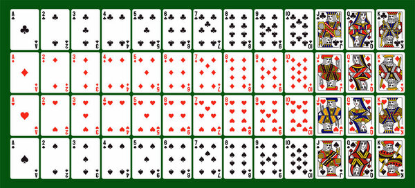 Poker playing cards. Full deck of playing cards for solitaire and digital computer games. Design elements for casino and gambling. Vector illustration collection isolated on background