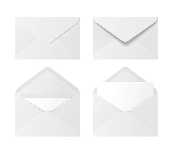 Set of realistic white envelopes. Folded and unfolded envelope mockups with blank letters. Design elements for projects and printing. 3D vector illustration collection isolated on background