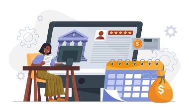 Masada oturan kadın, beyaz arka planda banka arayüzü, takvimi ve para çantası simgeleri olan online bankacılık için bilgisayar kullanıyor. Dijital finans kavramı. Vektör illüstrasyonu