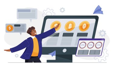 Geniş ekran, düz grafik tarzı, soyut teçhizat ve konuşma baloncuğu arkaplanı olan dijital sikkeleri ve grafikleri gösteren adam. Kripto yatırımı kavramı. Vektör illüstrasyonu