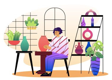 Modern sanat atölyesinde seramik vazo yapan kişi. Bitkiler, çömlek rafları ve sıcak renkler, beyaz arka planda düz grafik tarzı. Yaratıcılık kavramı. Vektör illüstrasyonu