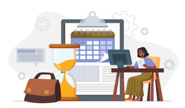 Bilgisayarla ve belgelerle çalışan bir kadın, kum saati, takvim ve arka planda evrak çantası, beyaz arka planda düz stil. Zaman yönetimi kavramı. Vektör illüstrasyonu