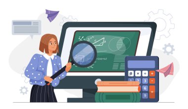 Matematik formülleri, hesap makineleri ve kitapları gösteren ekranın yanında büyüteç tutan kız öğrenci, beyaz arka plan, eğitim kavramı. Vektör illüstrasyonu