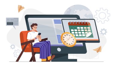 Sandalyede oturan adam, takvim ve saati olan büyük monitörlü akıllı telefon kullanıyor, düz grafik tarzı, temiz beyaz arkaplan, görev çizelgesi kavramı. Vektör illüstrasyonu