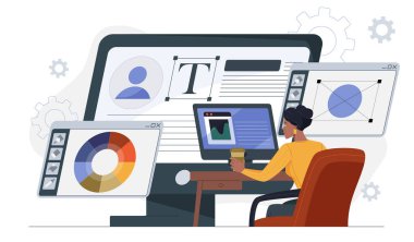 Masada oturan kadın grafik tasarımcısı beyaz arka planda renk paletleri, tipografi ve düzen araçları olan birçok ekranda tasarım yazılımı kullanıyor. Dijital yaratıcılık kavramı. Vektör illüstrasyonu