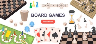 Masa oyunları afişi. Poker kartları, satranç, domino ve dama kağıtlarıyla iniş sayfası şablonu. Arkadaş canlısı şirketler için eğlenceli ev oyunları. Beyaz arkaplanda çizgi film düz vektör çizimi