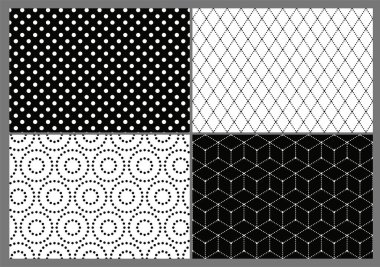 Bir dizi geometrik dikişsiz desen. Klasik süslemeleri polka noktalarıyla, çapraz eşkenar dörtgenler, daireler ve kesik küplerle tekrarlamak. Yazdırma için tasarım elementleri. Düz vektör çizimi arkaplanda izole edildi