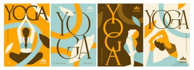 Yoga Poster Seti. Nilüfer pozisyonu almış, asma ve pilates yapan kızlar. Esneme ve meditasyon. Yoga Stüdyosu için tasarım elementleri. Düz vektör çizimi arkaplanda izole edildi