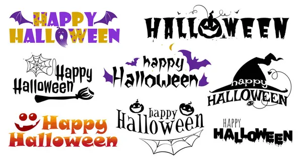 Mutlu Cadılar Bayramı Mesajları seti. Harfli ve korkunç dekoratif elementli sticker 'lar. Örümcekli, balkabaklı ve ürkütücü yarasalı yazıtlar. Düz vektör illüstrasyon koleksiyonu arkaplanda izole