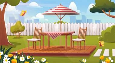 Teraslı arka bahçe. Ahşap masa ve teras şemsiyesinin altındaki sandalyeler. Bahçe ve bahçe. Dışarıdaki rahatlama için döşenmiş dış döşeme. Rahatlık ve rahatlık. Düz vektör illüstrasyonu