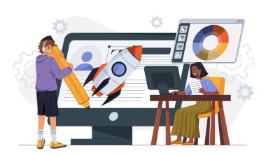 Grafik tasarımcıları takımı. Büyük kalemli kadın ve erkek palet için renk seçiyor. Sanat stüdyosu ve ajansı. Sanat yönetmenleri web sitesi için tasarım elemanları oluşturuyorlar. Düz vektör illüstrasyonu