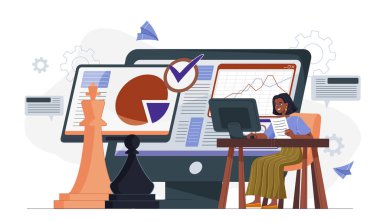Çalışan değerlendirme konsepti. İş yerindeki kadın çalışanların verimliliğini kontrol ediyor, Kpi. İş değerlendirmesi için. Patron istatistikleri ve bilgi grafiklerini analiz eder. Düz vektör illüstrasyonu