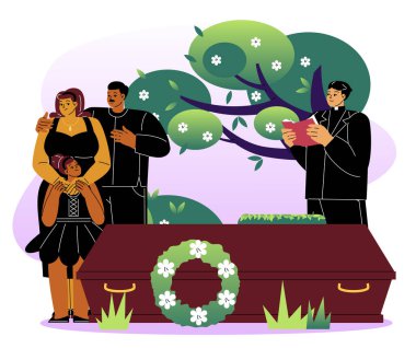 Cenaze törenindeki insanlar. Üzgün adam, kadın ve kız tabutun yanında. Mezarlıkta rahiple mutsuz bir aile. Cenaze töreni. Üzüntü ve depresyon. Düz vektör illüstrasyonu