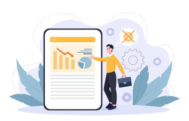 Çevrimiçi mali kriz. Elinde evrak çantası olan adam akıllı telefonun yanında grafikleri ve diyagramları düşmüş. Ekonomik kriz, durgunluk, enflasyon. Üzgün tüccar ve yatırımcı. Düz vektör illüstrasyonu