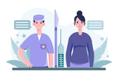Estetik cerrah ve hasta. Kadının yanında neşter tutan tıbbi üniformalı bir adam. Güzellik tedavisi. Kozmetoloji ve dermatoloji. Yüz gerdirme ve gençleştirme. Düz vektör illüstrasyonu