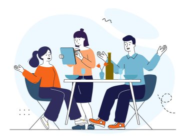 Lokantadaki çift. Kadın ve erkek masada oturup garsonla konuşuyor. Romantik randevu ve buluşma. Aşk ve romantizm. Mutlu çift birlikte vakit geçiriyor. Doğrusal vektör çizimi