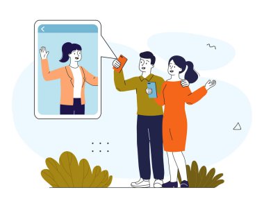 İnsanlar video çağrısı kullanır. Kadın ve erkek, sosyal medyadan arkadaşlarıyla akıllı telefonlar kullanarak sohbet ediyorlar. Çevrimiçi tartışma ve iletişim. Doğrusal vektör çizimi