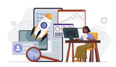 İnternet sitesi promosyonu. Kadın internet sitesini tanıtıyor. Pazarlama ve reklam. SEO uzmanı arama motorları için web sitesini optimize ediyor. Düz vektör illüstrasyonu