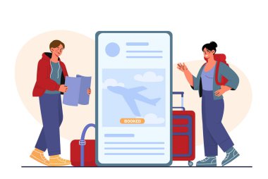 İnsanlar bilet alır. Akıllı telefonun yanındaki kadın ve erkek uçak bileti alır. Turistler geziye hazırlanıyor. Tatil ve tatil. İnsanlar internetten bilet alıyor. Düz vektör illüstrasyonu