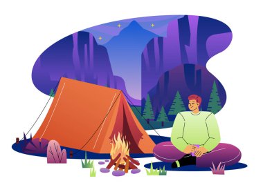 Kamp gezisindeki adam. Turuncu çadırın ve kamp ateşinin yanındaki genç adam. Yürüyüş ve kamp. Aktif yaşam tarzı ve yolculuk, seyahat. Yürüyüşçü doğada dinlenir. Düz vektör illüstrasyonu
